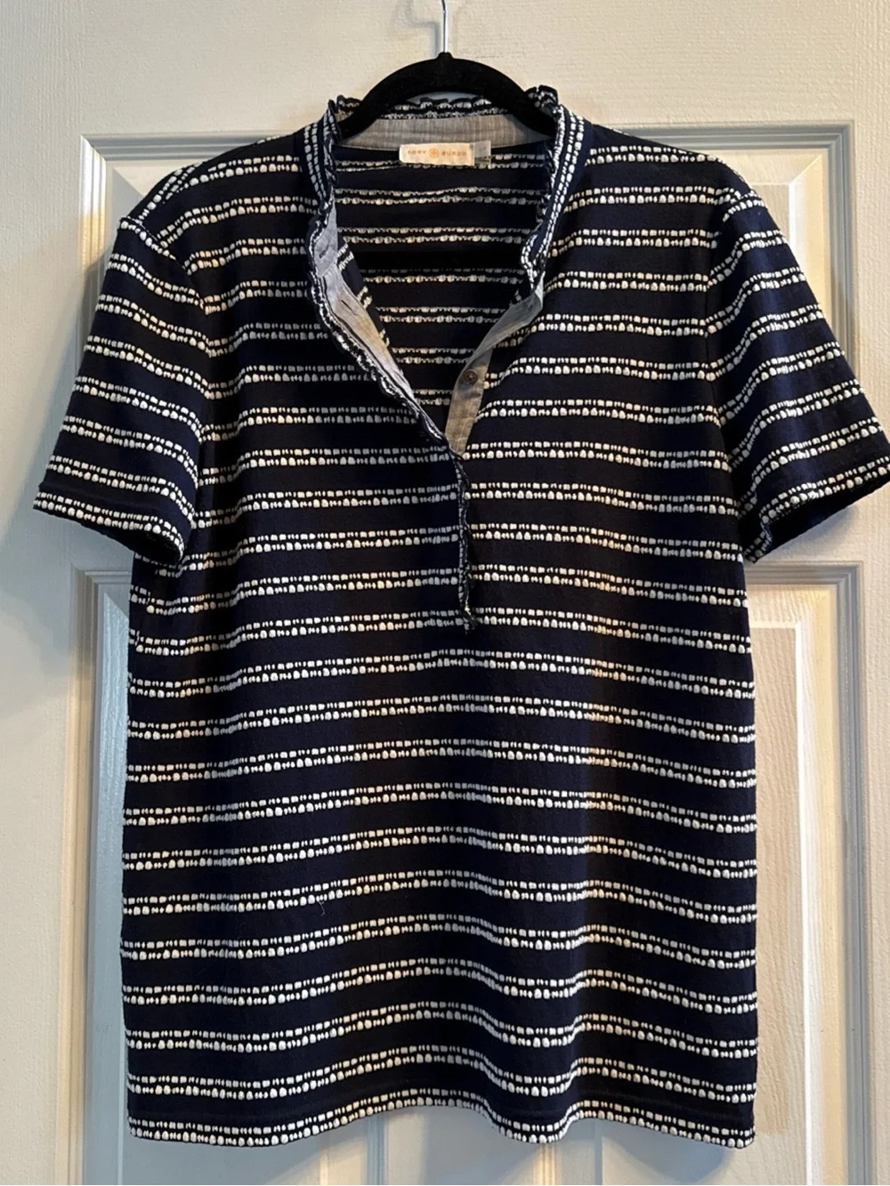 TORY BURCH LIDIA NAVY DASH STRIPE Ruffle Buttons polo style Shirt TOP SZ large